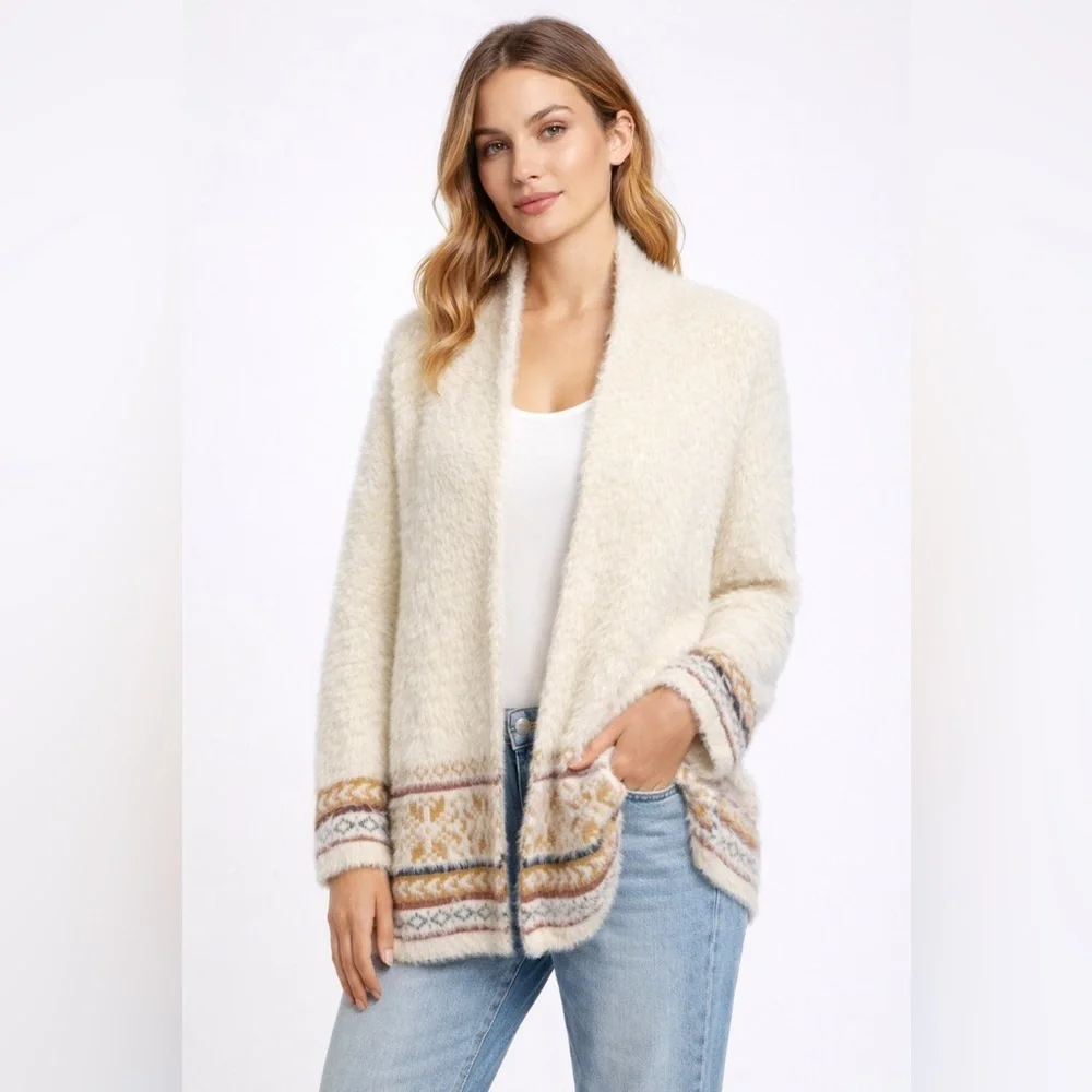 Sadie & Sage Cream Fuzzy Cardigan Boho Western Aztec Cozy Shacket Oversized S